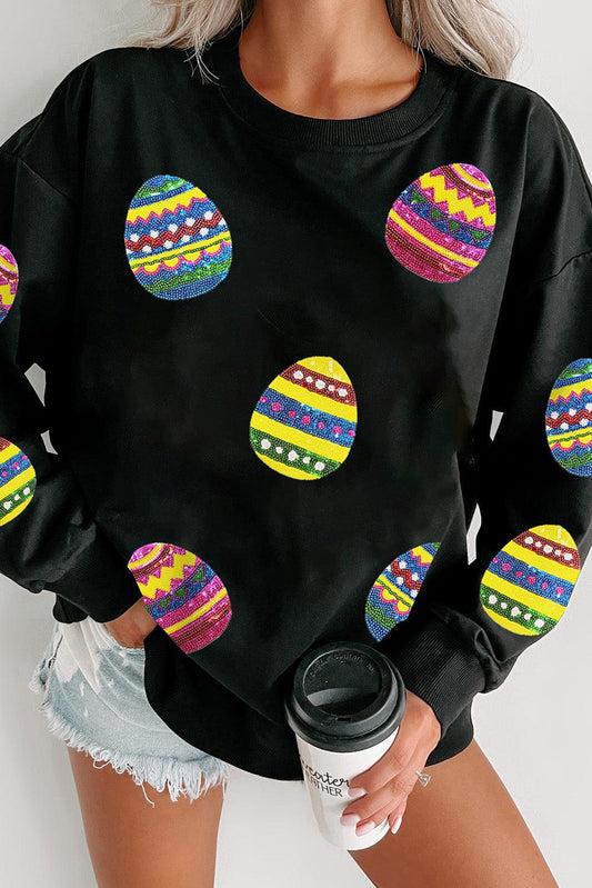 Black Eater Egg Sequin Patched Crew Neck Sweatshirt