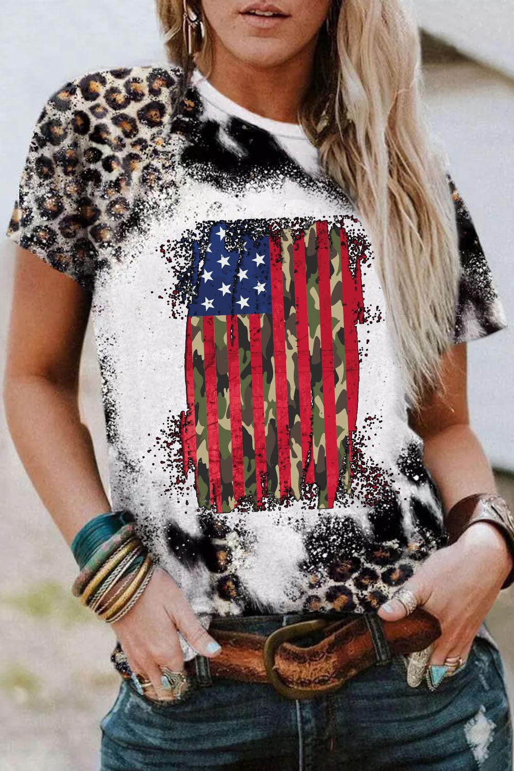 Leopard Vintage American Flag Graphic T Shirt - L & M Kee, LLC