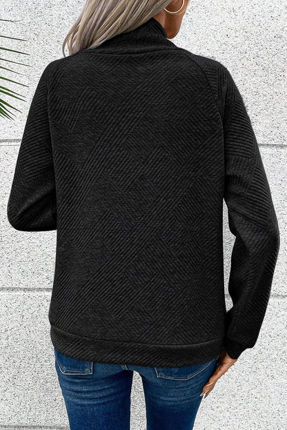 Gray Asymmetric Buttons Detail High Neck Textured Sweatshirt - L & M Kee, LLC