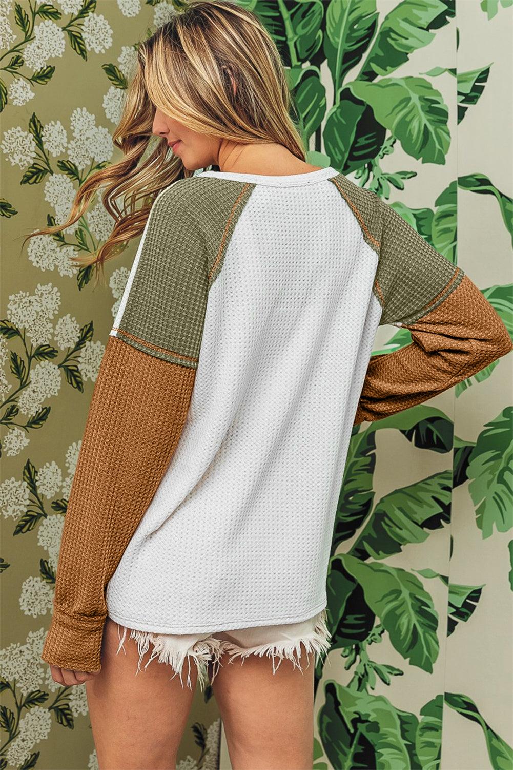 Green Color Block Exposed Seam Waffle Knit Long Sleeve Top - L & M Kee, LLC