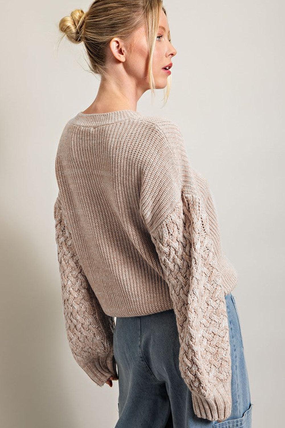 Parchment Cable Knit Sleeve Drop Shoulder Sweater - L & M Kee, LLC