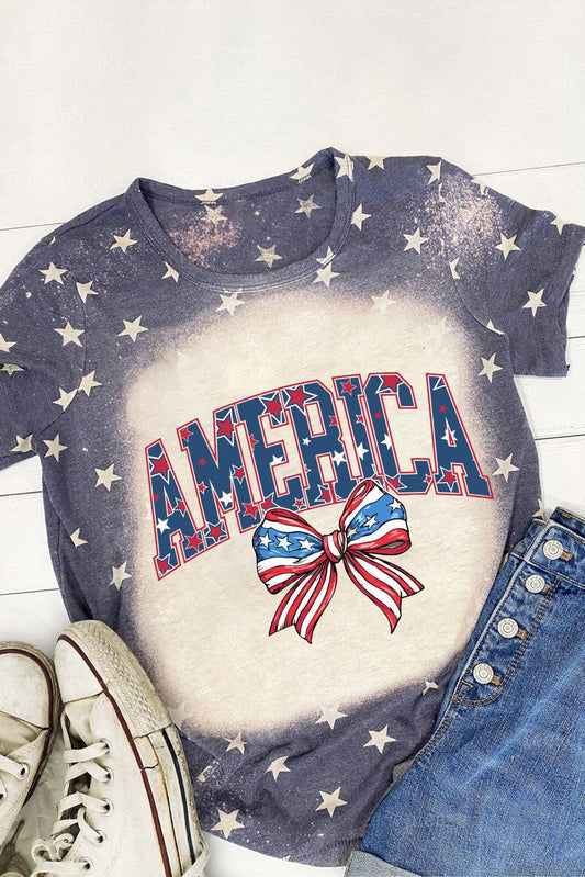 Blue Starry Bleached AMERICA Bowknot Graphic T Shirt - L & M Kee, LLC