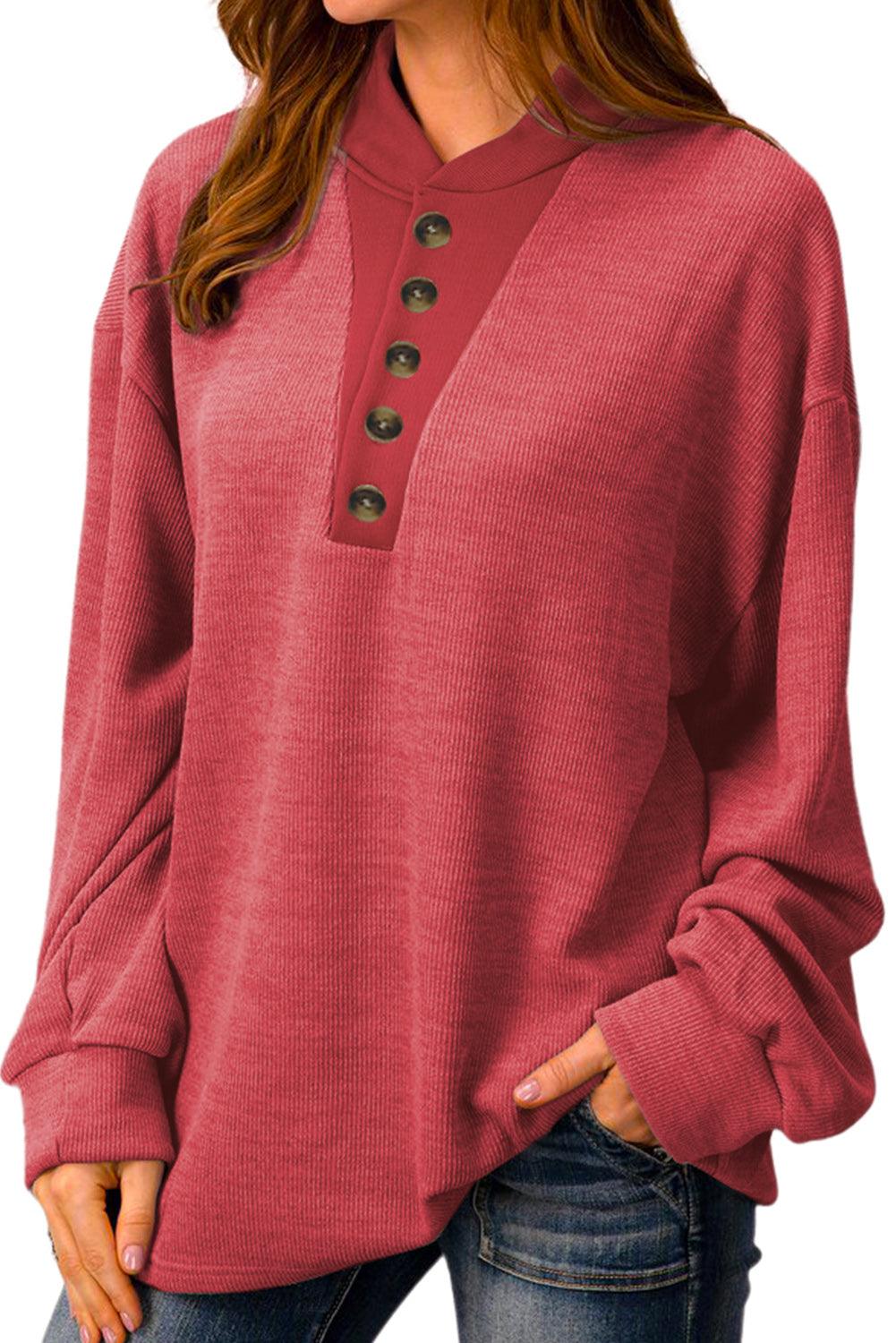 Red Plain Buttoned Henley Sweatshirt - L & M Kee, LLC