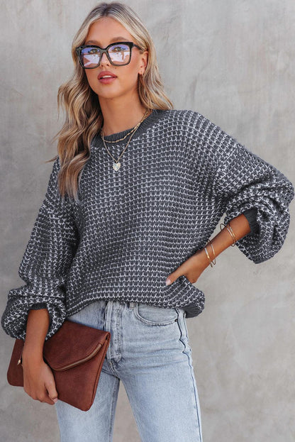 Gray Heathered Knit Drop Shoulder Puff Sleeve Sweater - L & M Kee, LLC