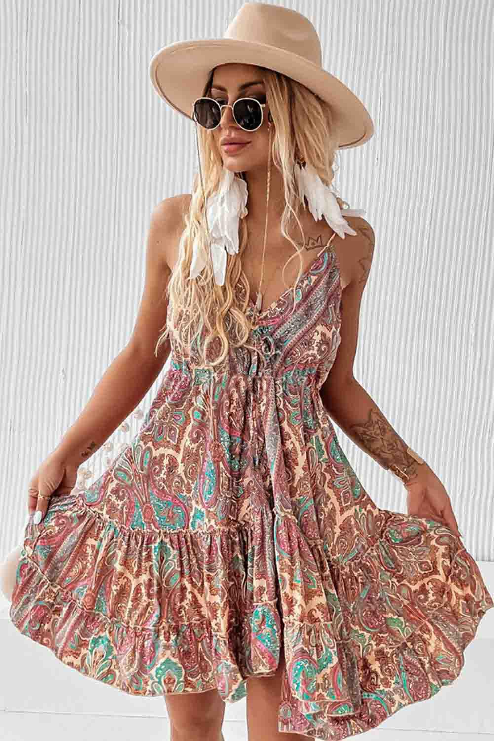 Brown Paisley Print Sleeveless V-Neck Tassel Tie Ruffle Dress - L & M Kee, LLC