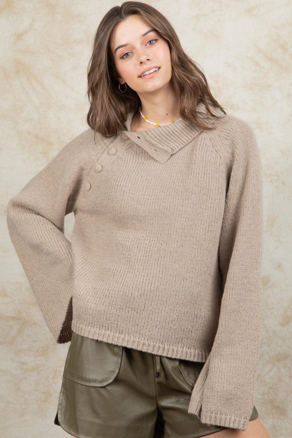 Smoke Gray Wide Sleeve High Neck Side Buttoned Sweater - L & M Kee, LLC