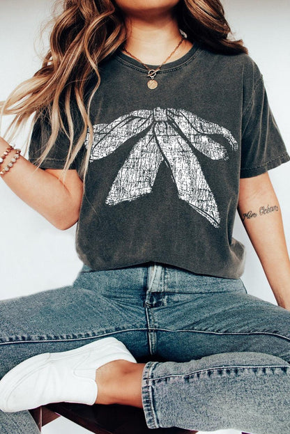 Black Bowknot Graphic Mineral Wash T Shirt - L & M Kee, LLC