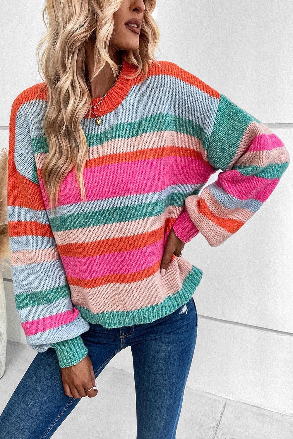 Multicolor Striped Knit Drop Shoulder Puff Sleeve Sweater - L & M Kee, LLC