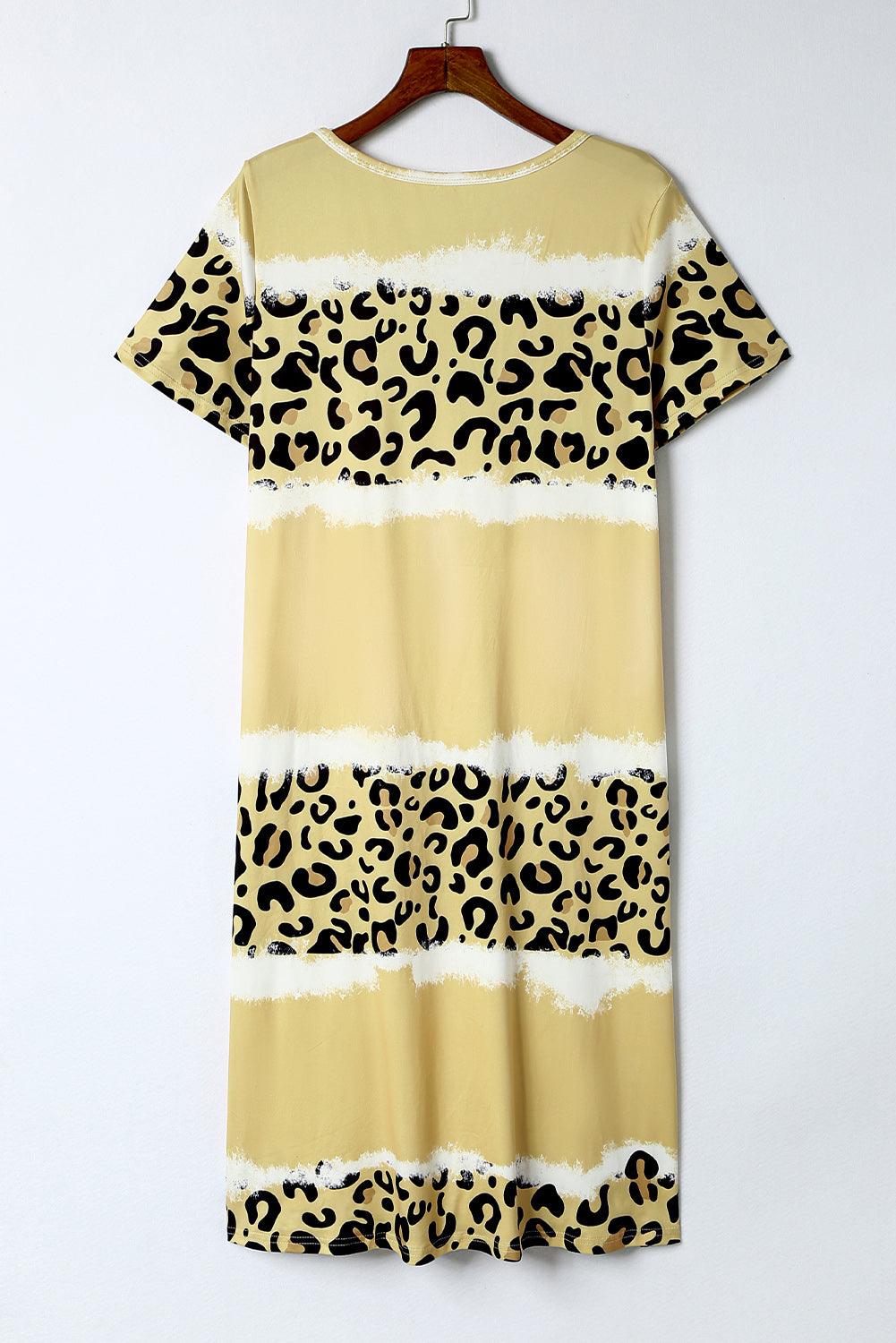 Rose Leopard Color Block V-Neck T-shirt Dress - L & M Kee, LLC