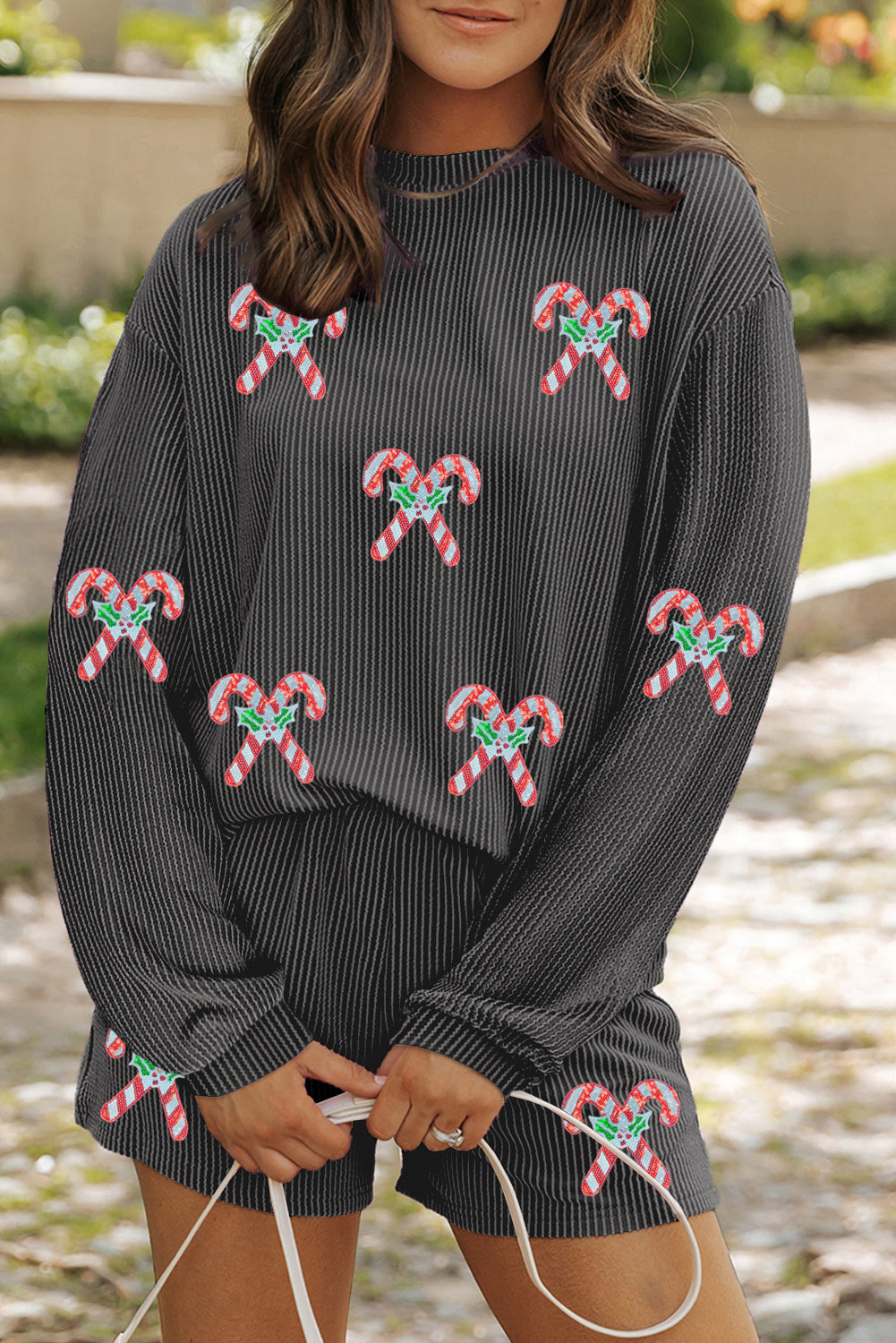 Carbon Grey Twisted Ribbed Sequin Holly Candy Cane Long Sleeve Top and Shorts 2pcs Outfit