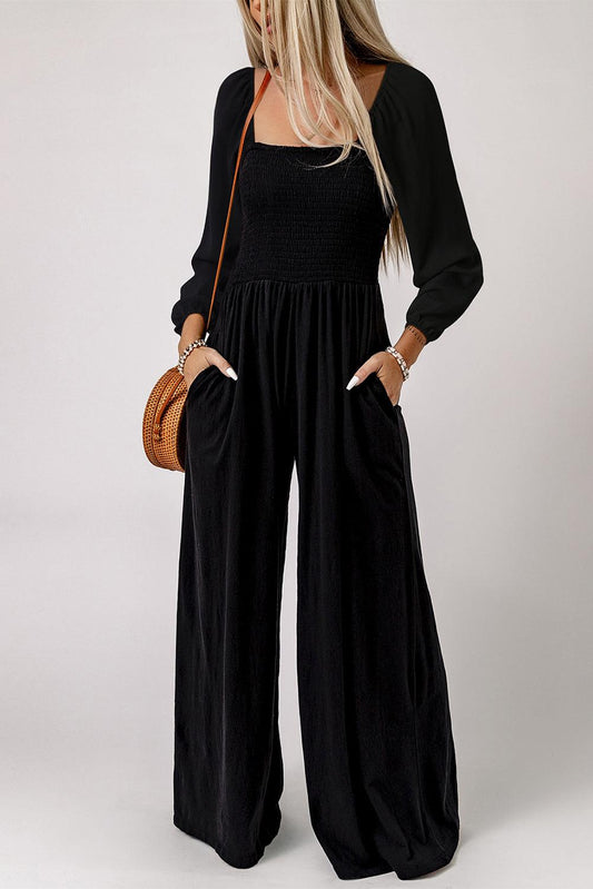 Black Smocked Square Neck Long Sleeve Wide Leg Jumpsuit - L & M Kee, LLC