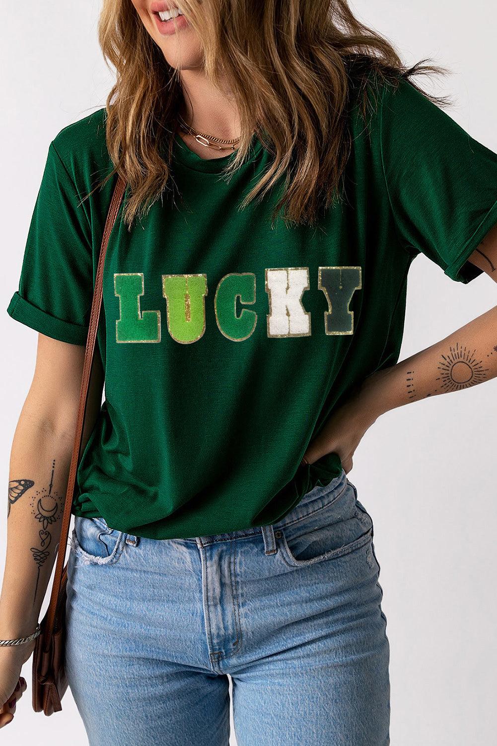 Green LUCKY Glitter Chenille Patched Crew Neck T Shirt - L & M Kee, LLC