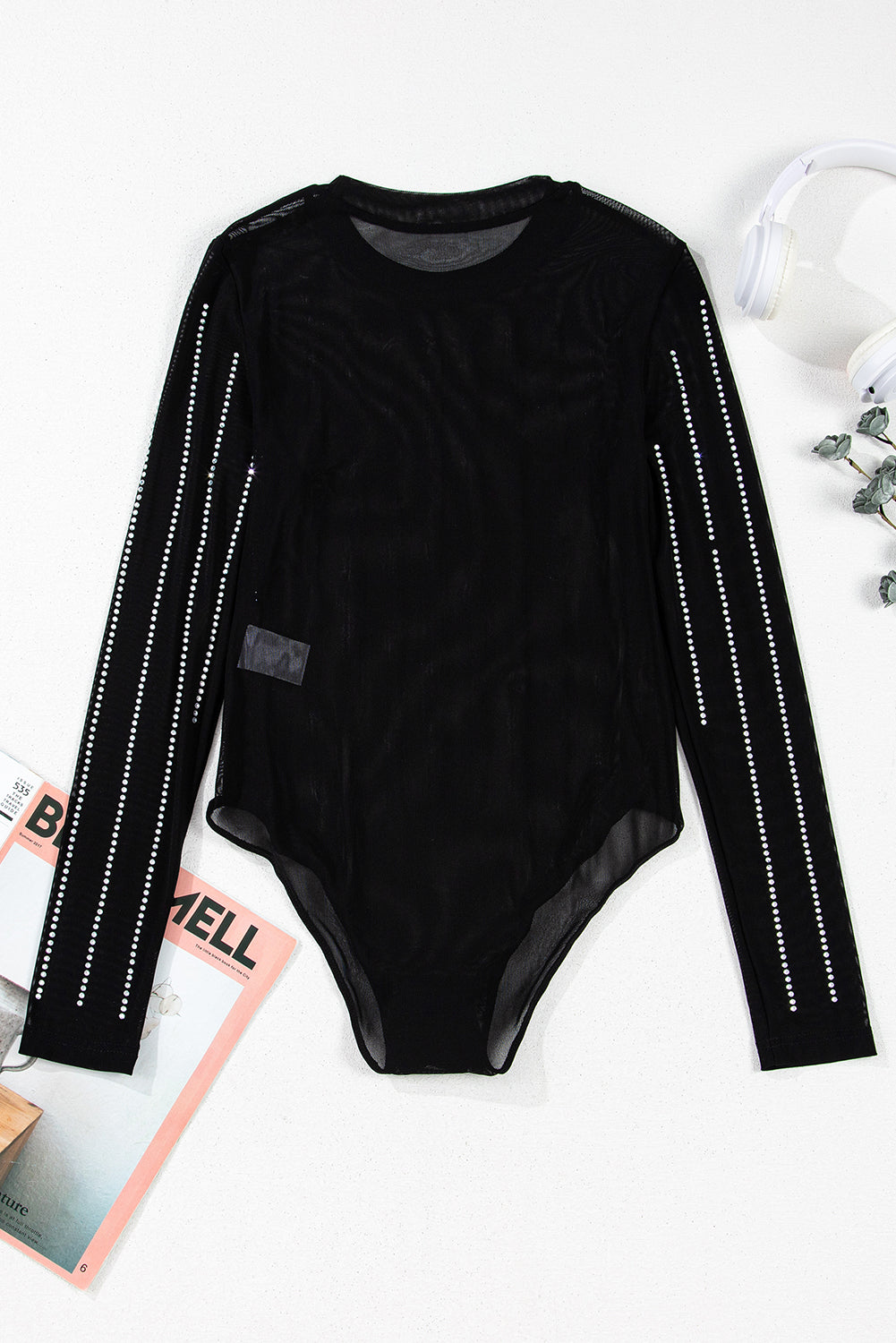 Black Rhinestone Decor Striped Mesh Long Sleeve Bodysuit