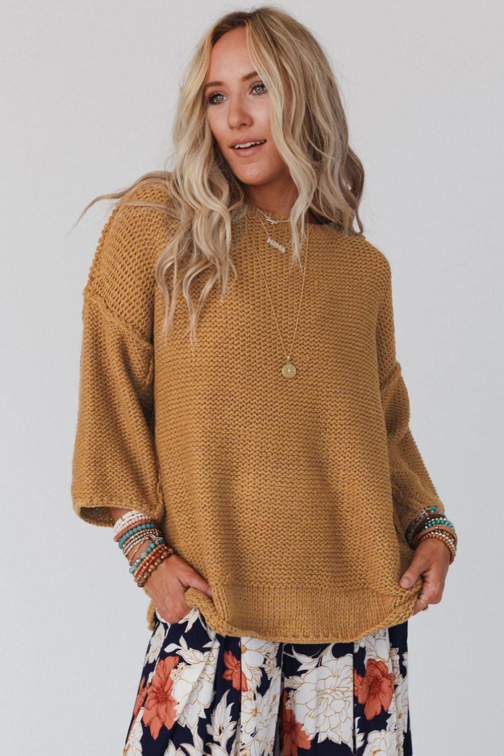 Beige Slouchy Textured Knit Loose Sweater - L & M Kee, LLC