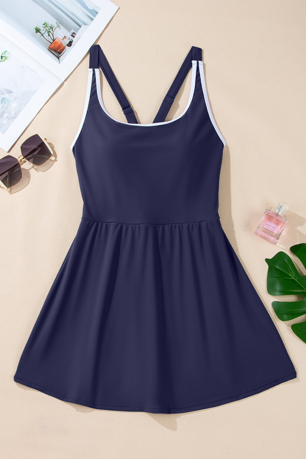 Navy Blue Contrast Edge Ruffled High Waist One Piece Swim Dress