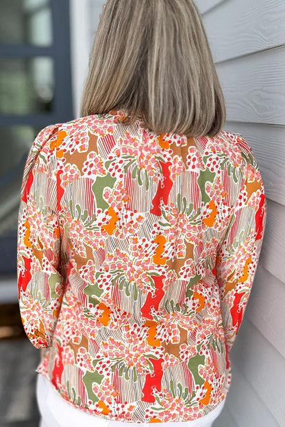 Orange Printed Floral Abstract Print Frilled V Neck Plus Size Blouse - L & M Kee, LLC