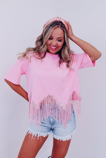 Pink Fringed Sequin Crop T-shirt - L & M Kee, LLC