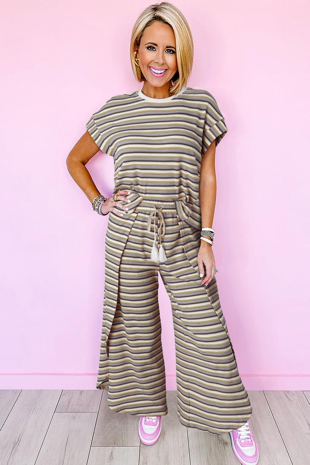 Black Stripe Rainbow Tee Tasseled String Wide Leg Pants Set - L & M Kee, LLC