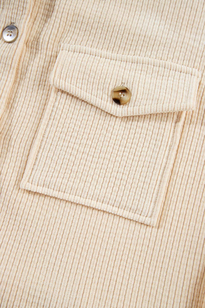 Oatmeal Corduroy Flap Pocket Button Up Shacket - L & M Kee, LLC