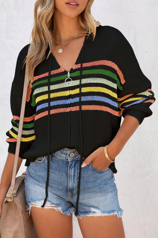 Black Striped Detail Zip Up Hooded Sweater Cardigan - L & M Kee, LLC