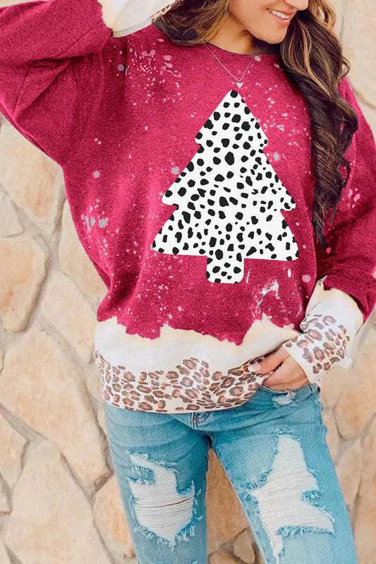 Red Leopard Christmas Tree Print Loose Fit Sweatshirt - L & M Kee, LLC