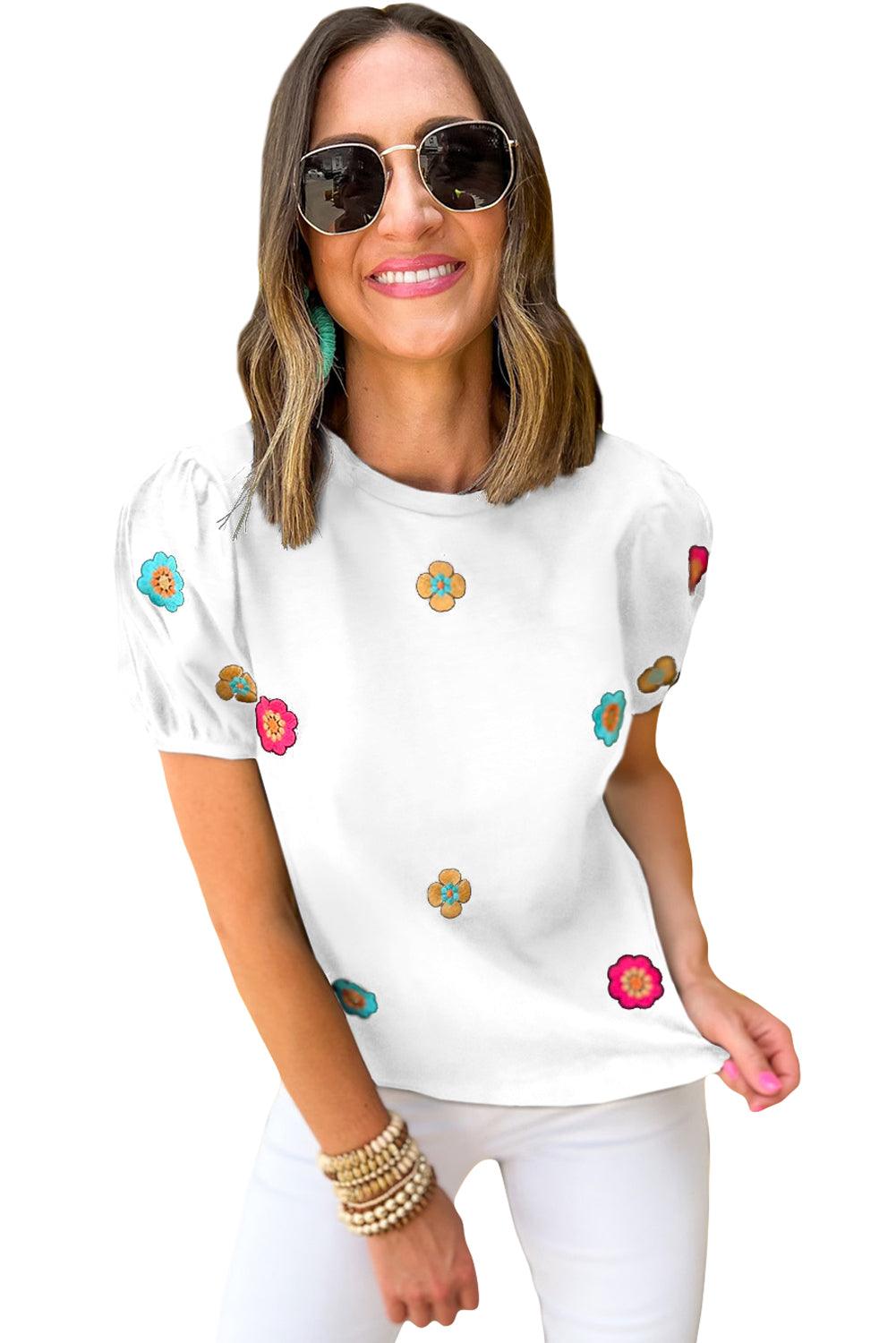Embroidered Flower Short Puff Sleeve Tee