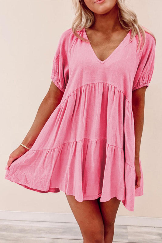 Strawberry Pink Puff Sleeve V Neck Tiered Swing Dress - L & M Kee, LLC