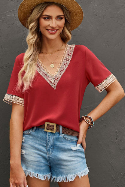 Lace Trim V Neck Short Sleeve Blouse - L & M Kee, LLC