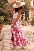 Pink Bohemian Floral Print Tiered Maxi Skirt with Split