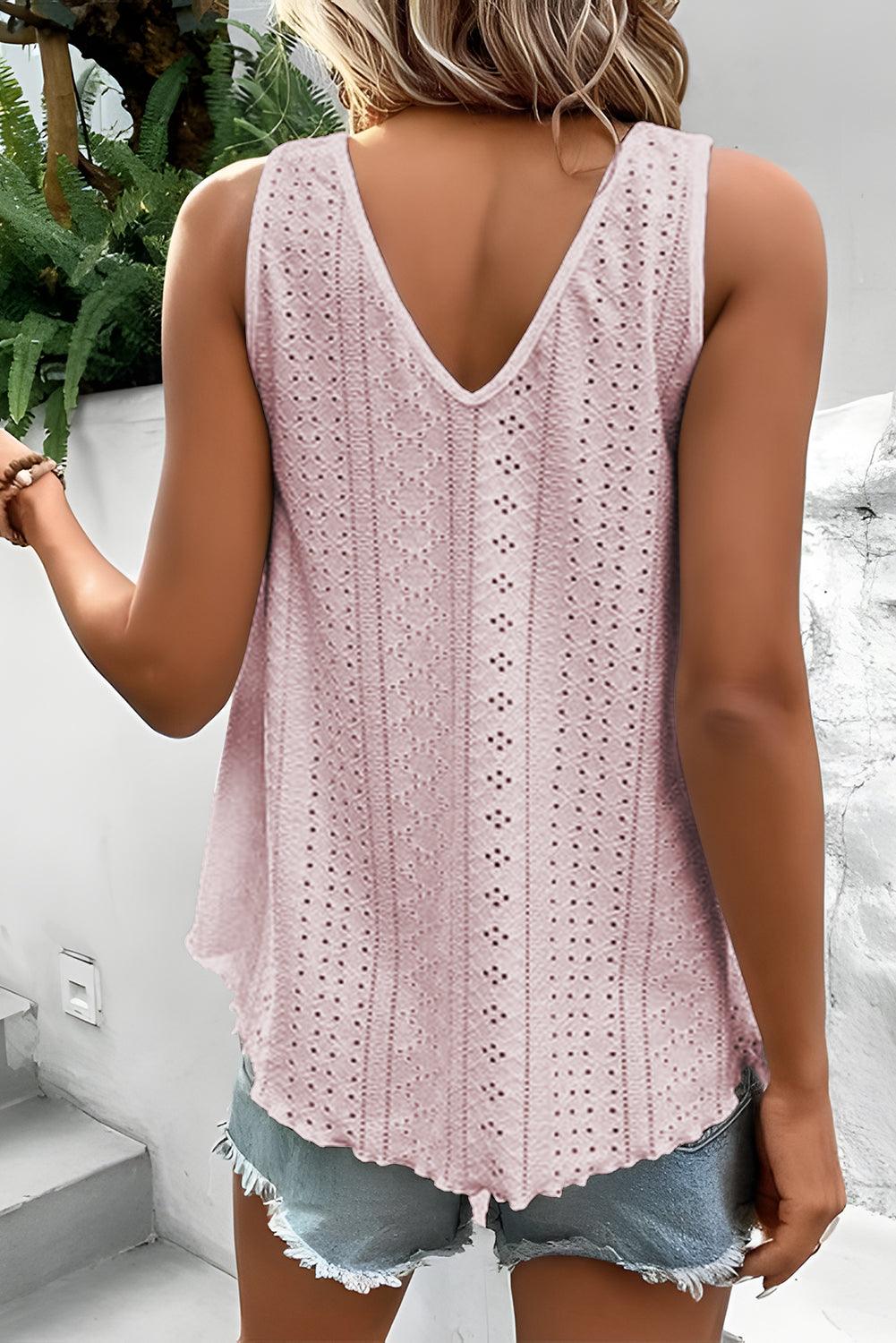 Apricot Pink Lace Crochet Splicing V Neck Loose Fit Tank Top - L & M Kee, LLC