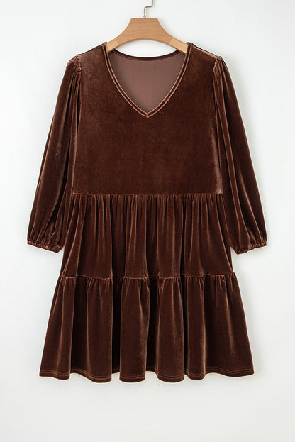 Chicory Coffee Solid Color Velvet V Neck Long Sleeve Tiered Mini Dress