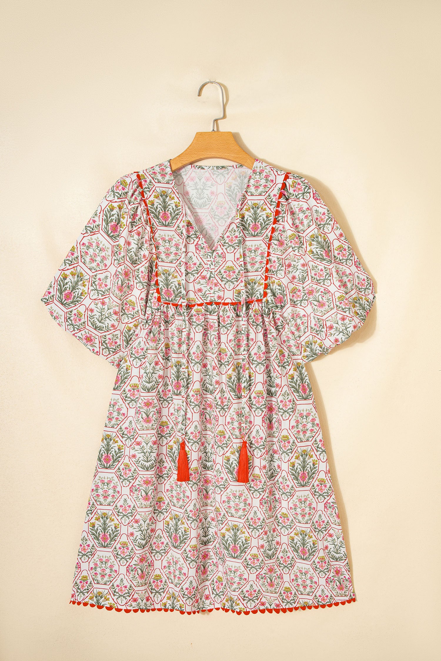 Pink Floral Print Tassel Tie V Neck Scalloped Detail Loose Mini Dress