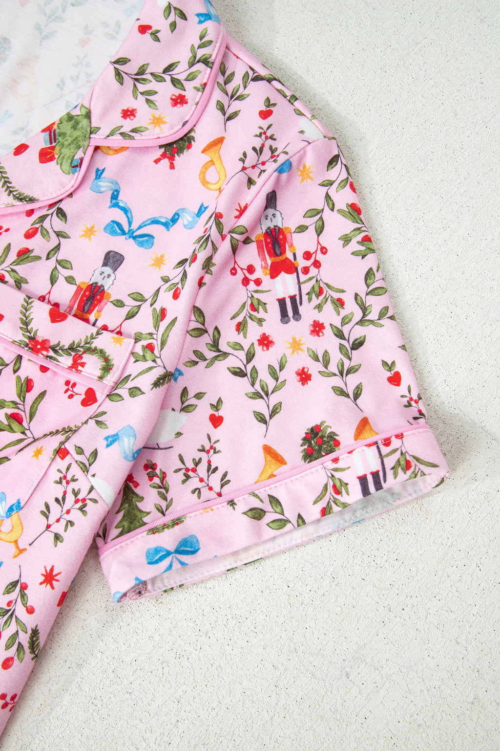 Pink Nutcracker Doll Christmas Print Ribbon Tie Waist Short 2pcs Pajama Set