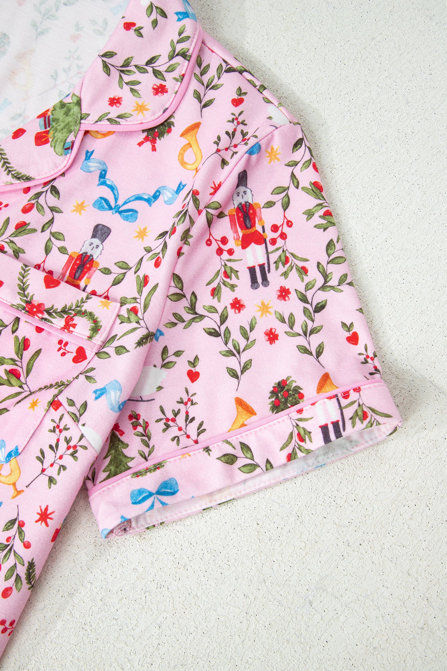 Pink Nutcracker Doll Christmas Print Ribbon Tie Waist Short 2pcs Pajama Set