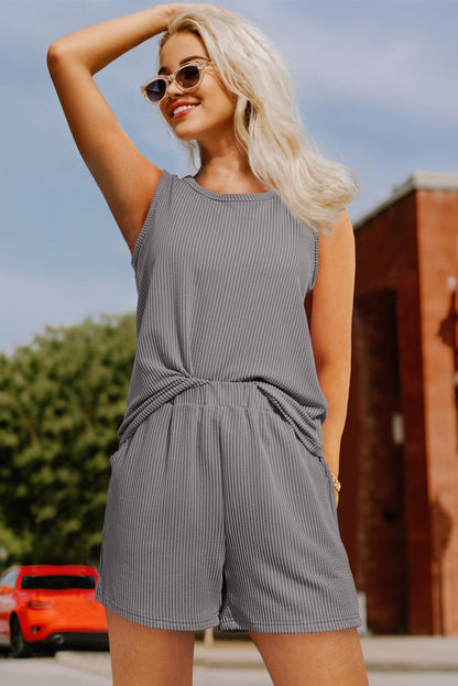 Medium Grey Corded Sleeveless Top and Pocketed Shorts Set - L & M Kee, LLC