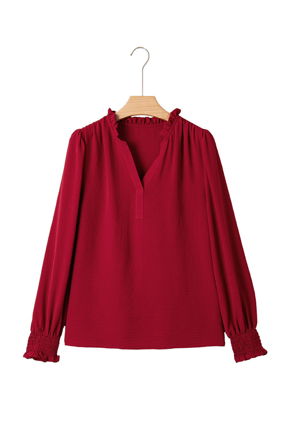 Burgundy Notched Neck Shirred Cuff Long Sleeve Blouse