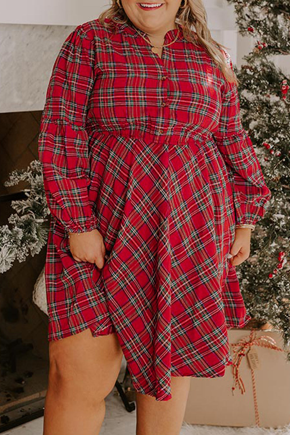 Red Plus Size Plaid Half Button Long Sleeve Holiday Dress