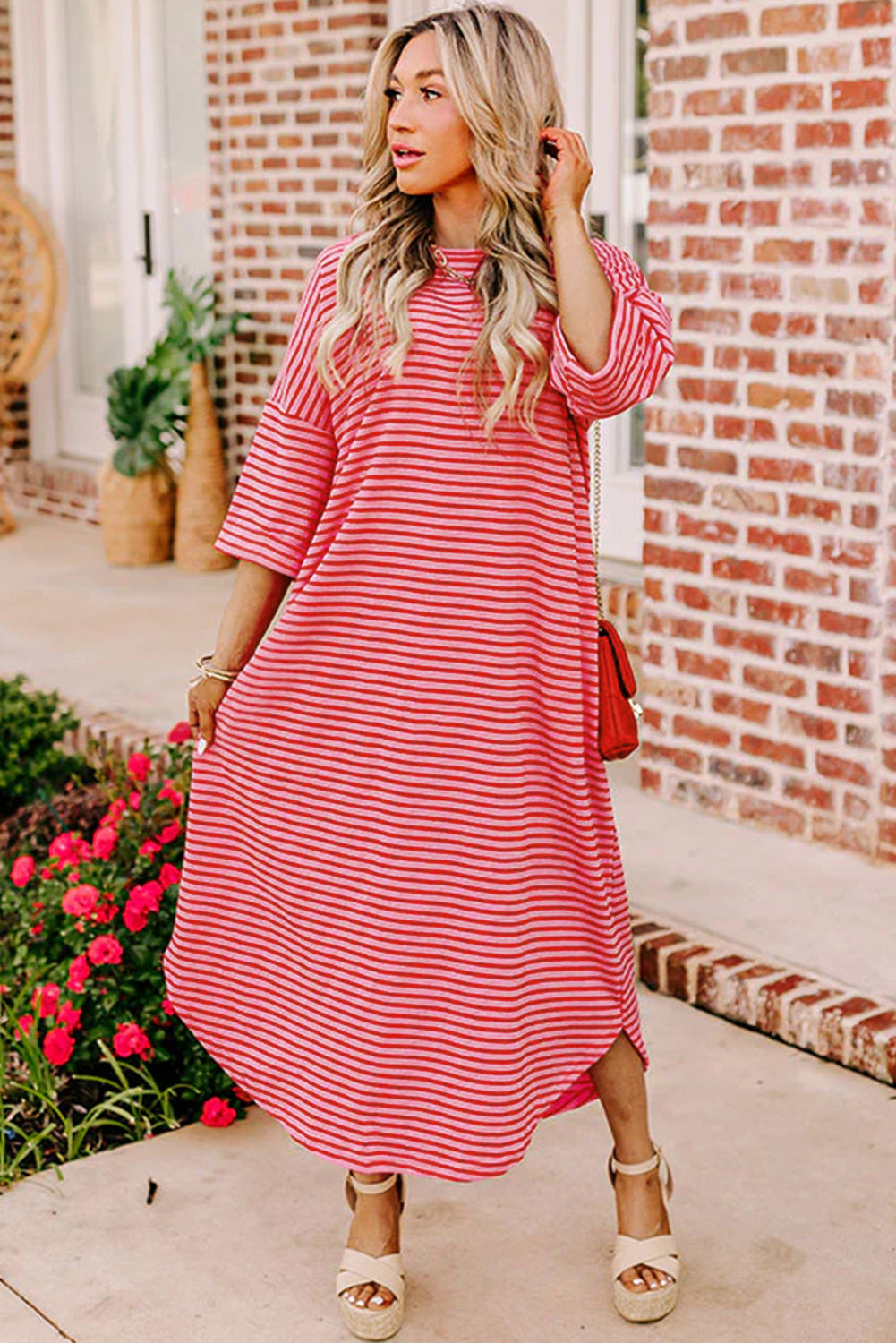 Strawberry Pink Striped 3/4 Sleeve Round Hem Shift T Shirt Dress