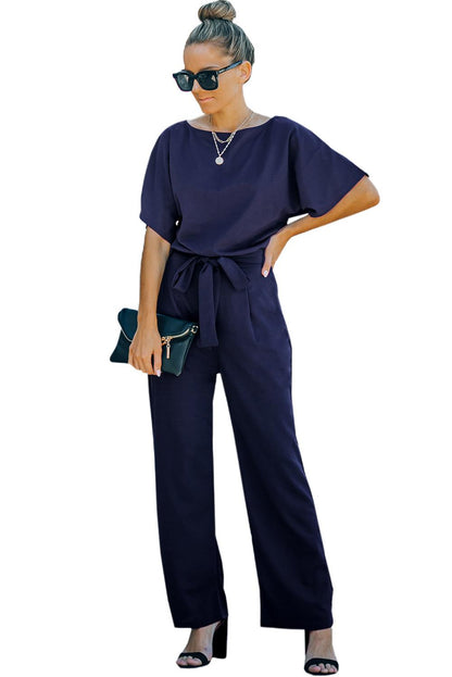 Blue Oh So Glam Belted Wide Leg Jumpsuit - L & M Kee, LLC