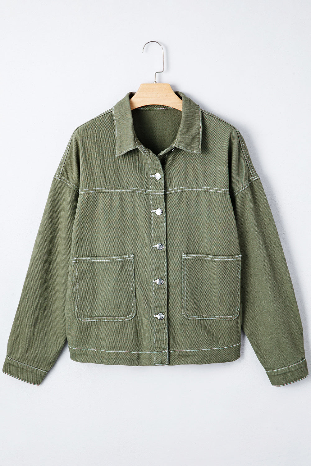 Smoke Green Patched Pocket Collared Button Front Boyfriend Denim Jacket
