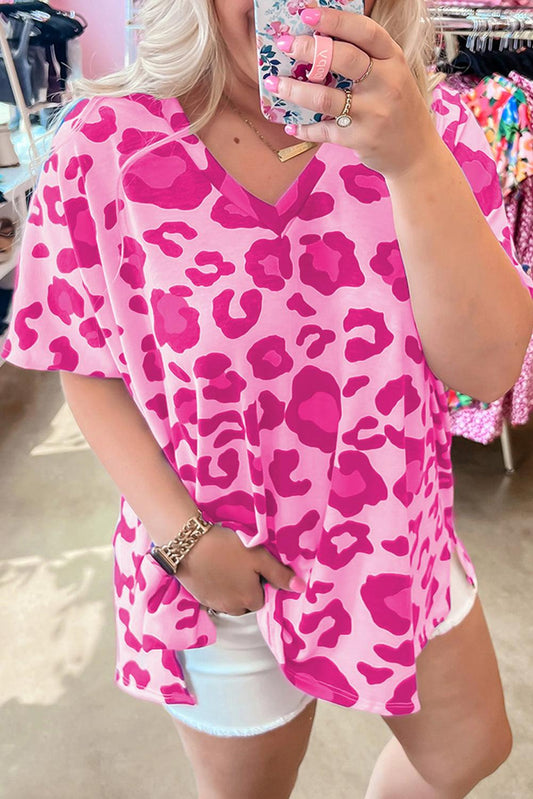 Rose Leopard Print V Neck Plus Size Tee - L & M Kee, LLC