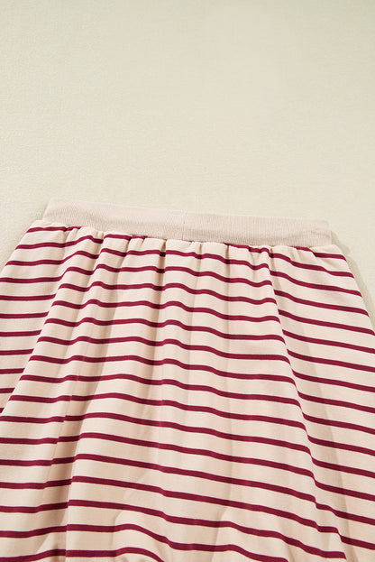 Red Stripe Cropped Collared Drop Shoulder Pullover and Bubble Mini Skirt Set