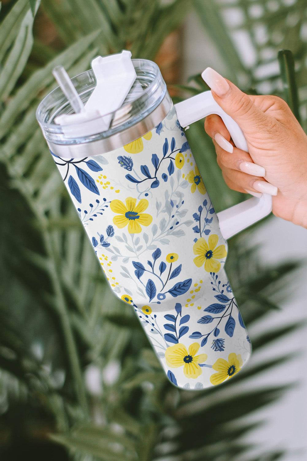 White Flower Print Stainless Handled Large Tumbler 40oz - L & M Kee, LLC