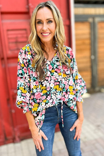 Multicolor Floral Notched V-Neck Puff Sleeve Blouse - L & M Kee, LLC