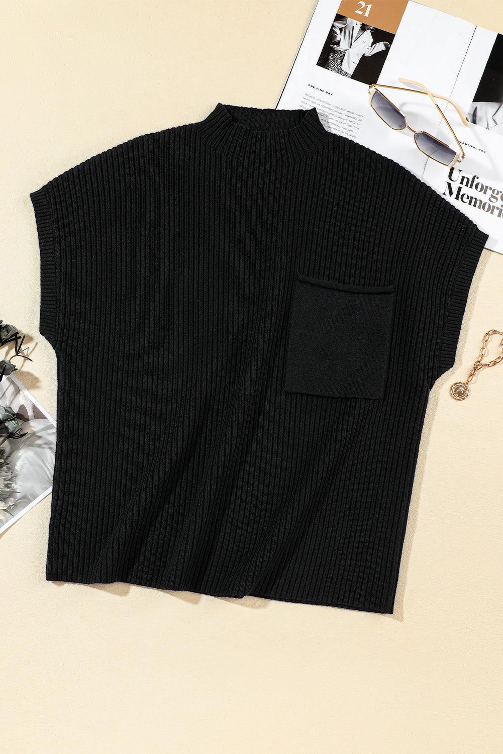 Black Patch Pocket Ribbed Knit Short Sleeve Sweater - L & M Kee, LLC