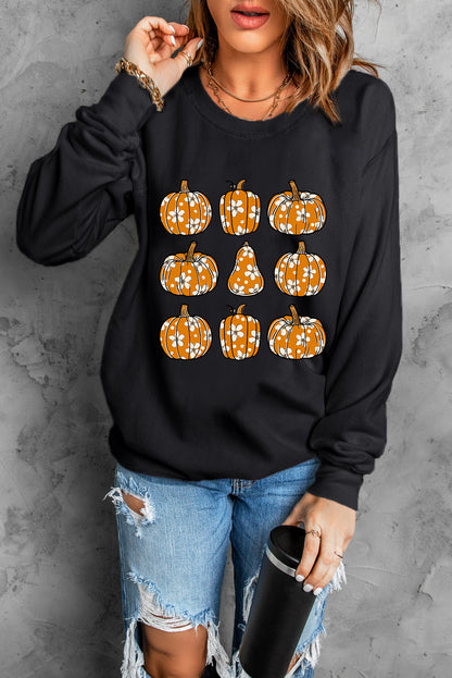 Black Floral Pumpkin Graphic Round Neck Halloween Sweatshirt