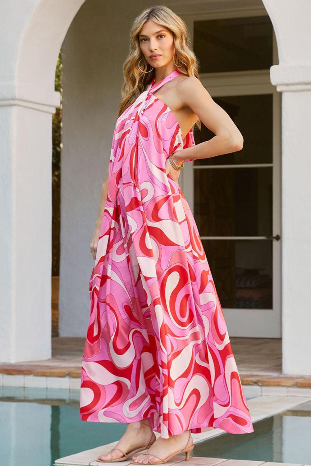 Abstract Swirl Print Halter Maxi Dress - L & M Kee, LLC