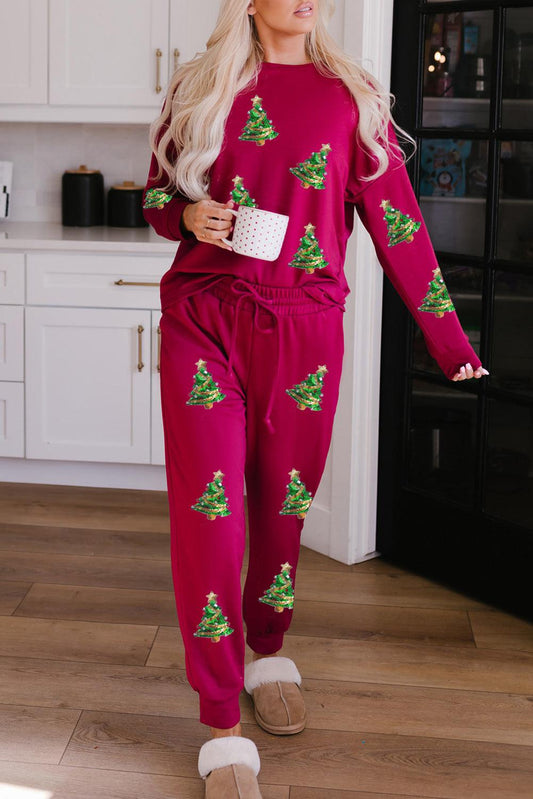 Sequined Christmas Tree Pattern Lounge Sweatsuit - L & M Kee, LLC