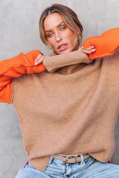 Khaki Color Block Turtle Neck Drop Shoulder Knit Sweater - L & M Kee, LLC