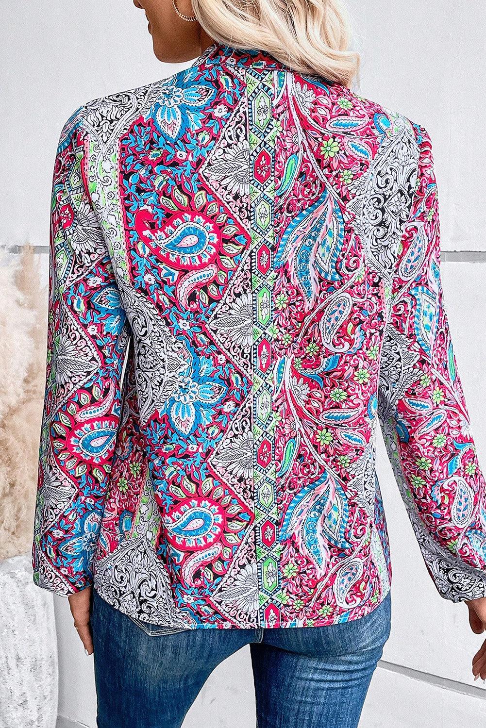 Pink Vintage Boho Paisley Print Notched Neck Blouse - L & M Kee, LLC